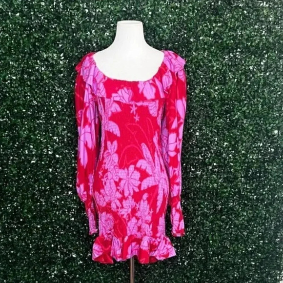 NWT FARM RIO Living Nature Red Pink Burgundy Floral Smocked Mini Dress Size XS - Picture 5 of 9